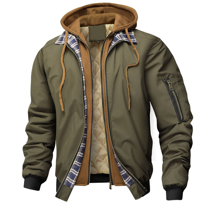 Men's jacket with hood, pockets, and drawstring waist