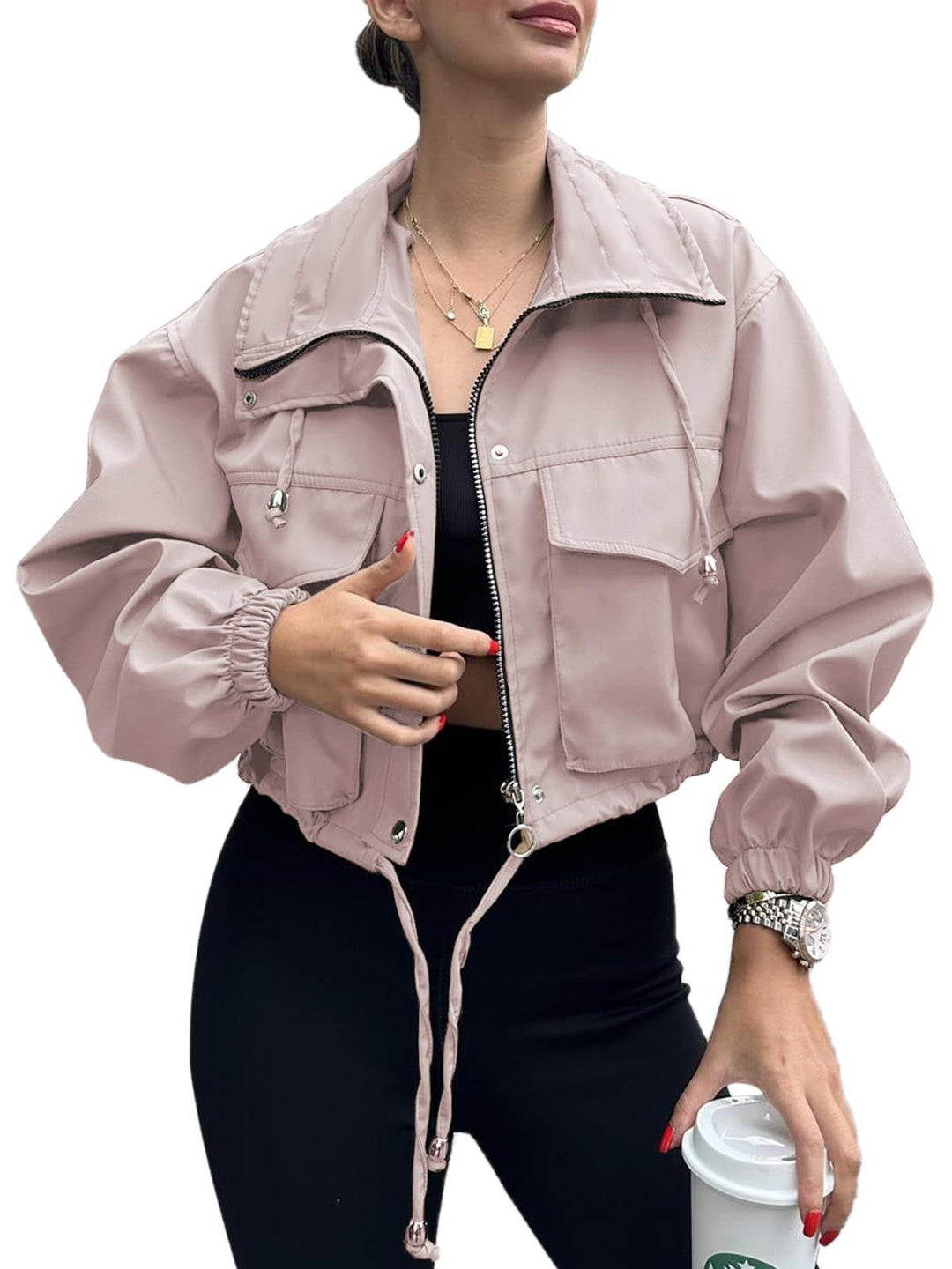Women's cropped jacket with drawstring and elastic cuffs