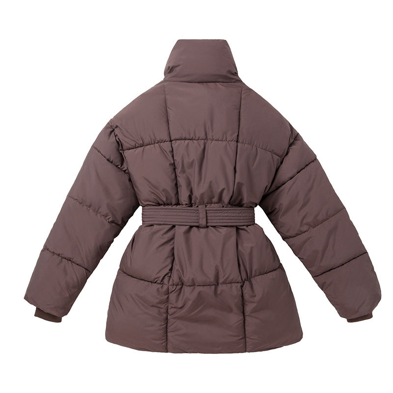 Women's fitted quilted coat with a tie belt and high shawl collar