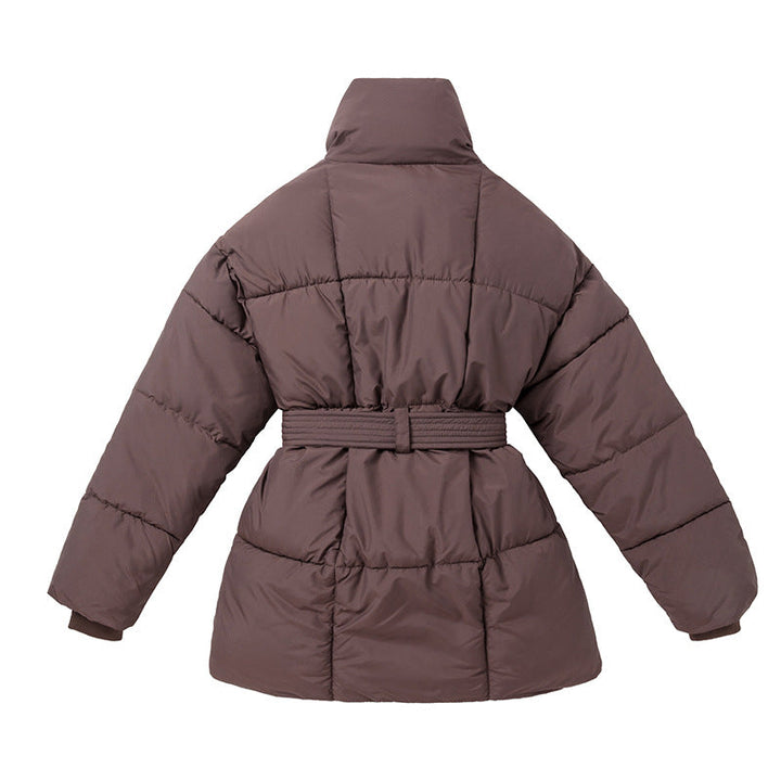 Women's fitted quilted coat with a tie belt and high shawl collar