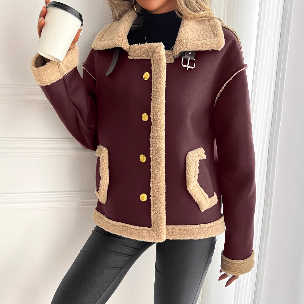 Women's teddy fleece jacket with button placket and side pockets
