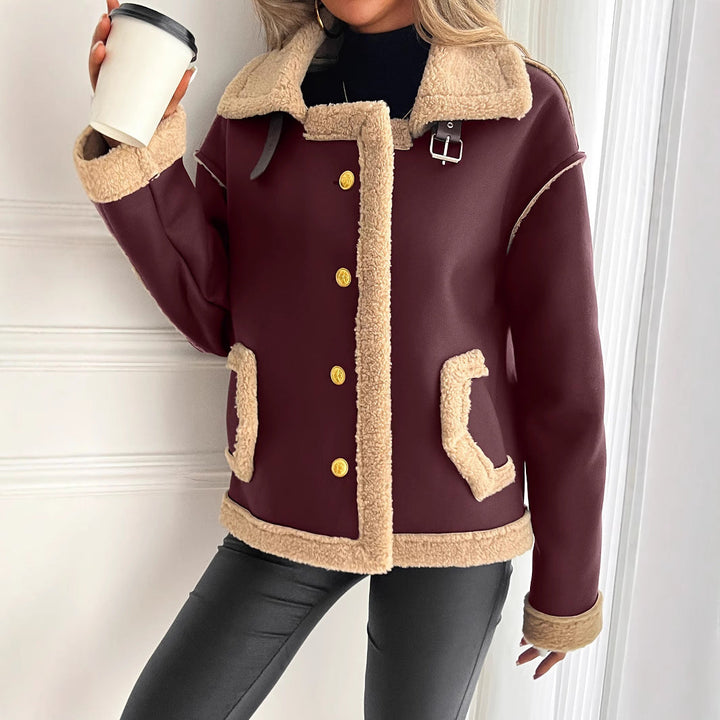 Women's teddy fleece jacket with button placket and side pockets