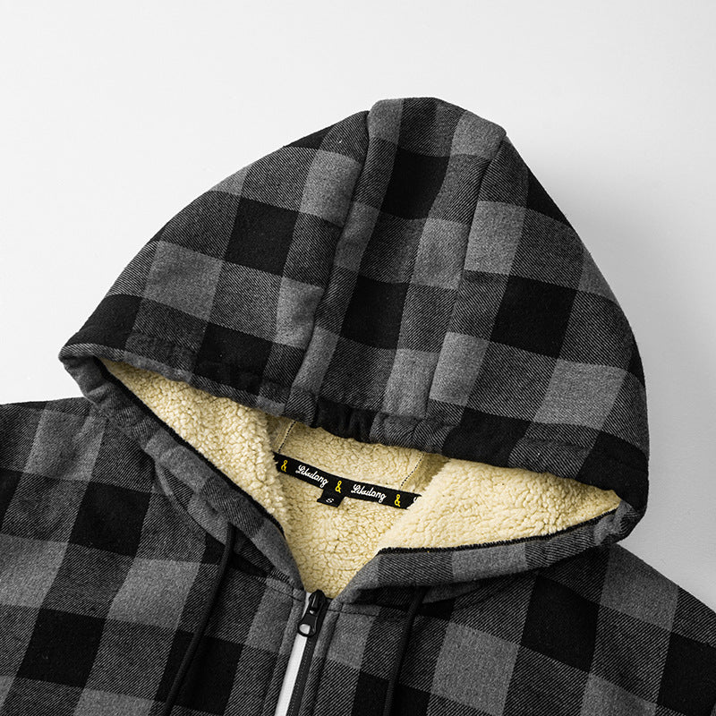 Men’s plaid hooded jacket with Sherpa lining and zipper closure