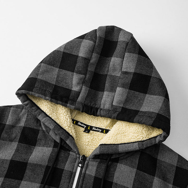 Men’s plaid hooded jacket with Sherpa lining and zipper closure