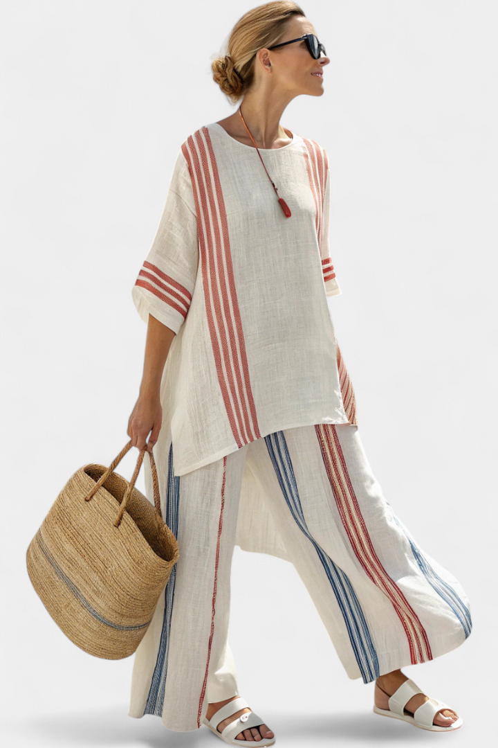 Ludovica – chic, multi-coloured striped top and Mediterranean trousers