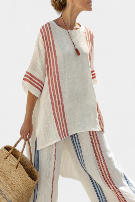 Ludovica – chic, multi-coloured striped top and Mediterranean trousers