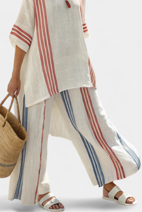 Ludovica – chic, multi-coloured striped top and Mediterranean trousers