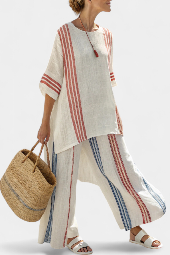 Ludovica – chic, multi-coloured striped top and Mediterranean trousers