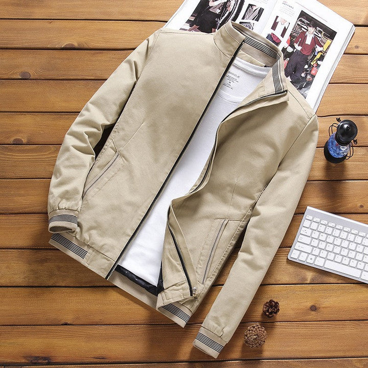 Men’s lightweight bomber-style jacket with a stand-up collar and striped ribbed cuffs