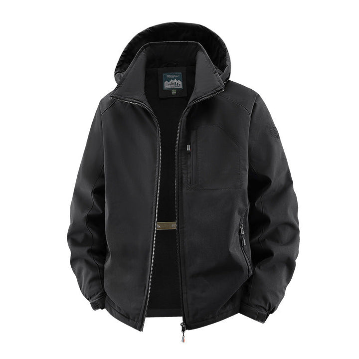 Men’s softshell tactical jacket with concealed hood and chest pocket