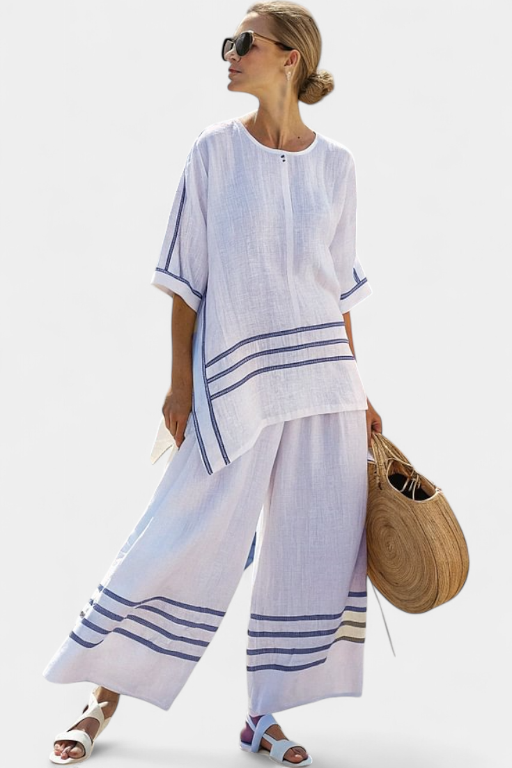 Vittorina – asymmetrical top with sophisticated stripes and daring trousers