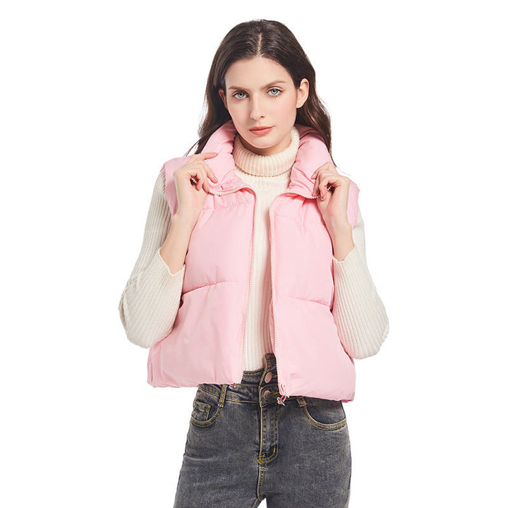 Women’s ultralight short quilted vest with a high stand collar and drawstring