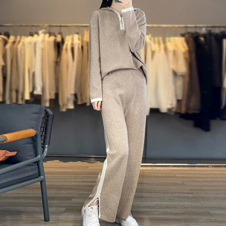 Women's two-piece set with a hood, wide-leg pants, and pockets