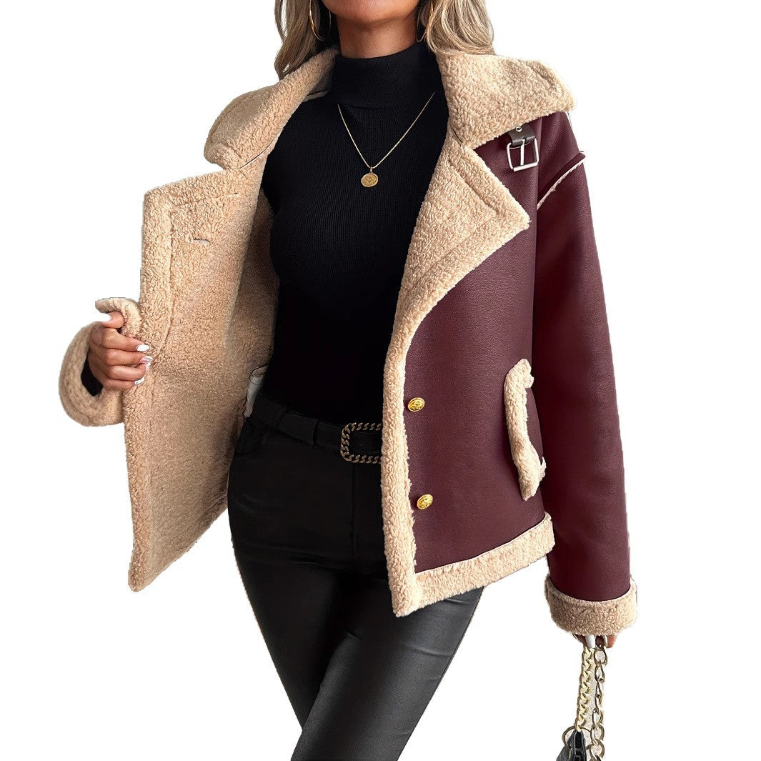 Women's teddy fleece jacket with button placket and side pockets
