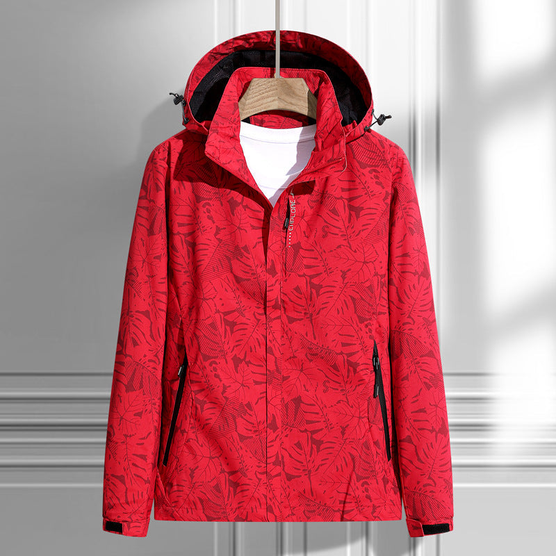 Women's Lightweight Packable Rain and Wind Jacket with Hood, Leaf Pattern