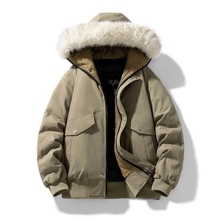 Men’s padded winter jacket with a hood and detachable faux-fur collar