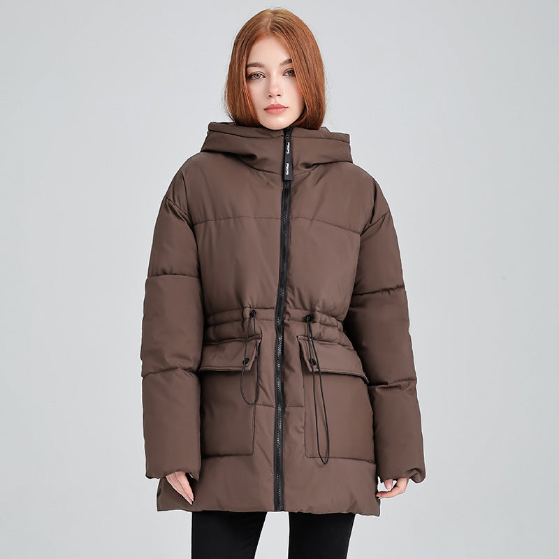 Women’s mid-length thermal parka with a waist-cinching drawstring and hood