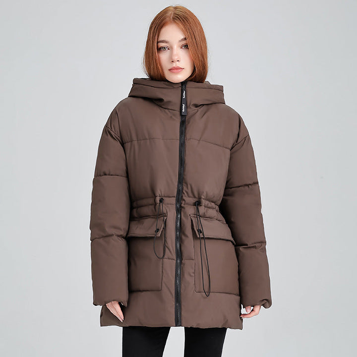 Women’s mid-length thermal parka with a waist-cinching drawstring and hood