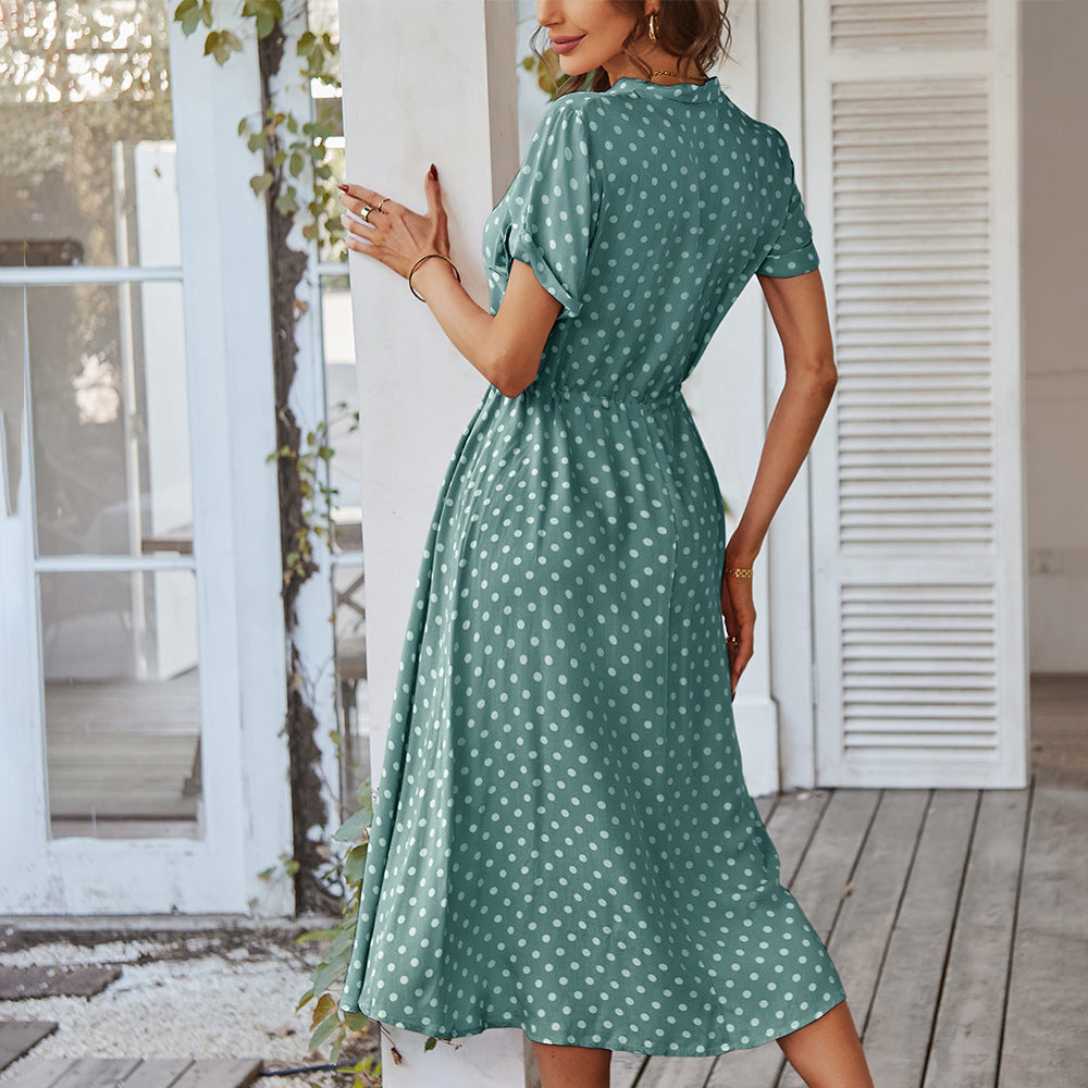 Damen Midi-Kleid mit Punkten, Knöpfen und Bindegürtel