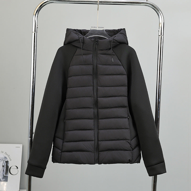 Women’s Lightweight Hybrid Quilted Jacket with Hood and Stretch Sleeve Panels