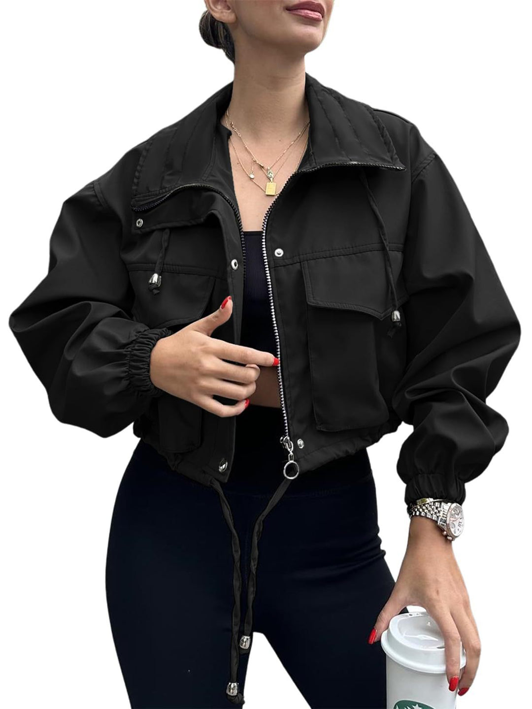 Women's cropped jacket with drawstring and elastic cuffs