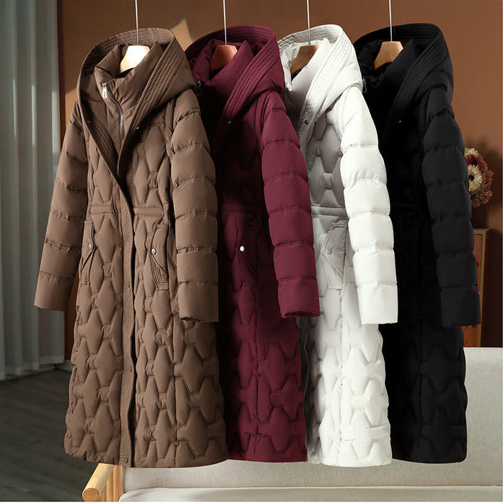 Women’s long quilted winter coat with a hood and fitted silhouette