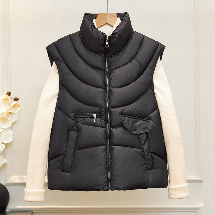 Women's quilted thermal vest with stand-up collar and multifunctional pockets