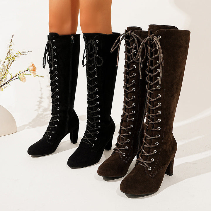 Women’s over-the-knee boots with lacing detail and a zipper
