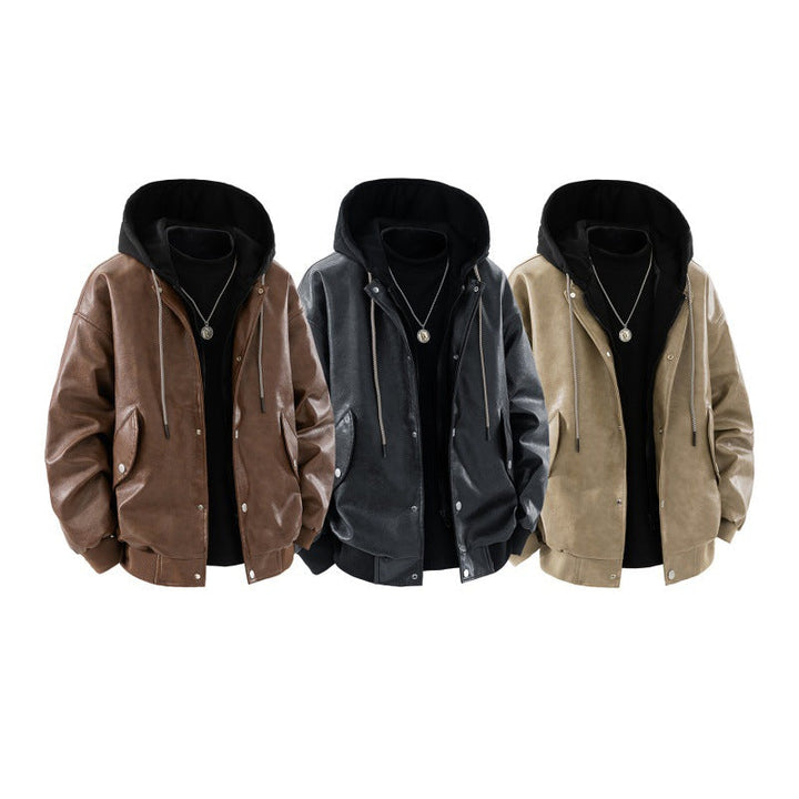 Men’s oversized bomber jacket with hood, snap-button placket, and pockets