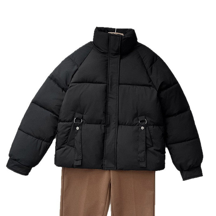 Women’s short quilted jacket with a high stand-up collar and D-ring pocket