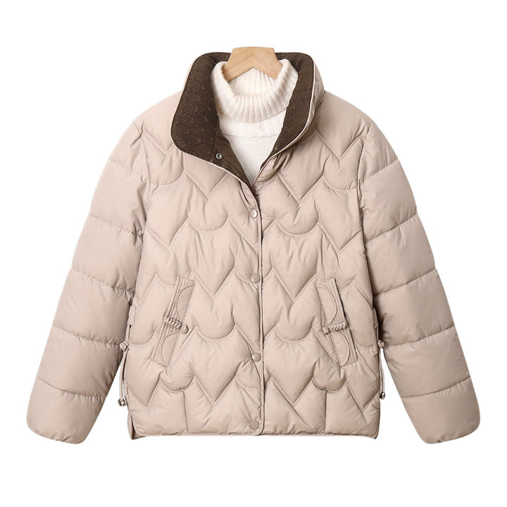 Women’s short quilted jacket with curved quilting and snap-button placket