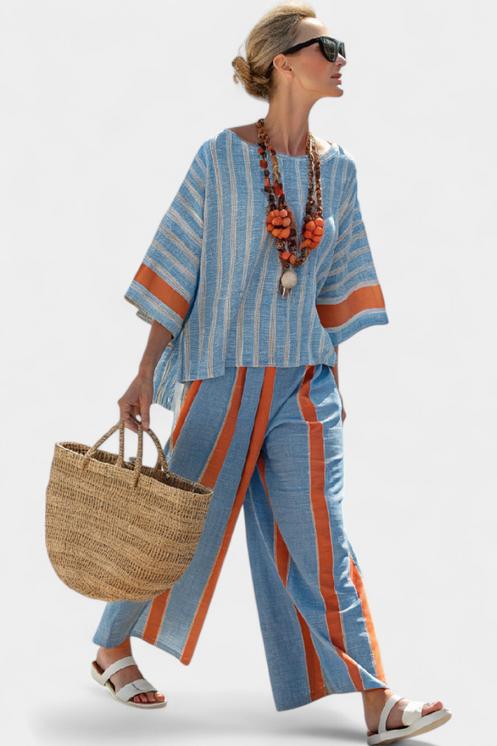 Valeria – elegant terracotta striped and linen trousers