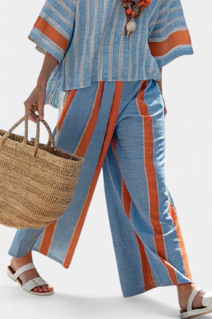 Valeria – elegant terracotta striped and linen trousers