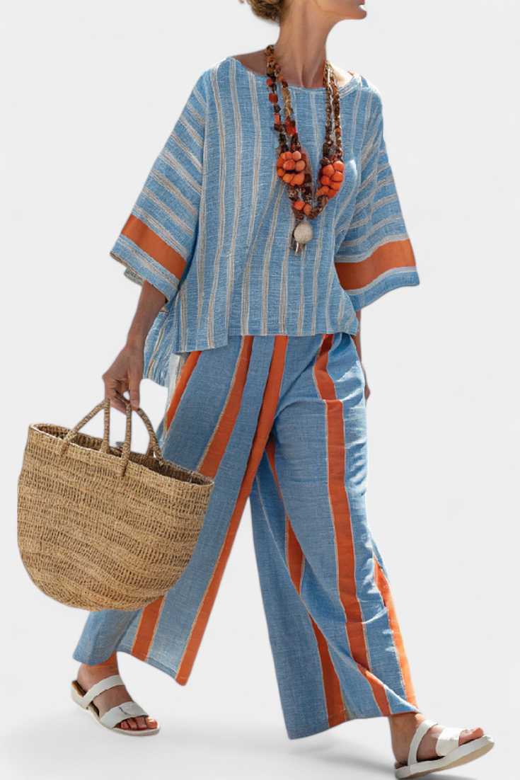 Valeria – elegant terracotta striped and linen trousers
