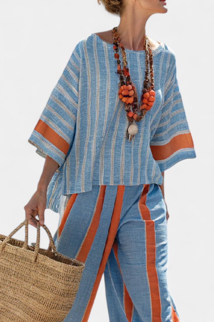 Valeria – elegant terracotta striped and linen trousers