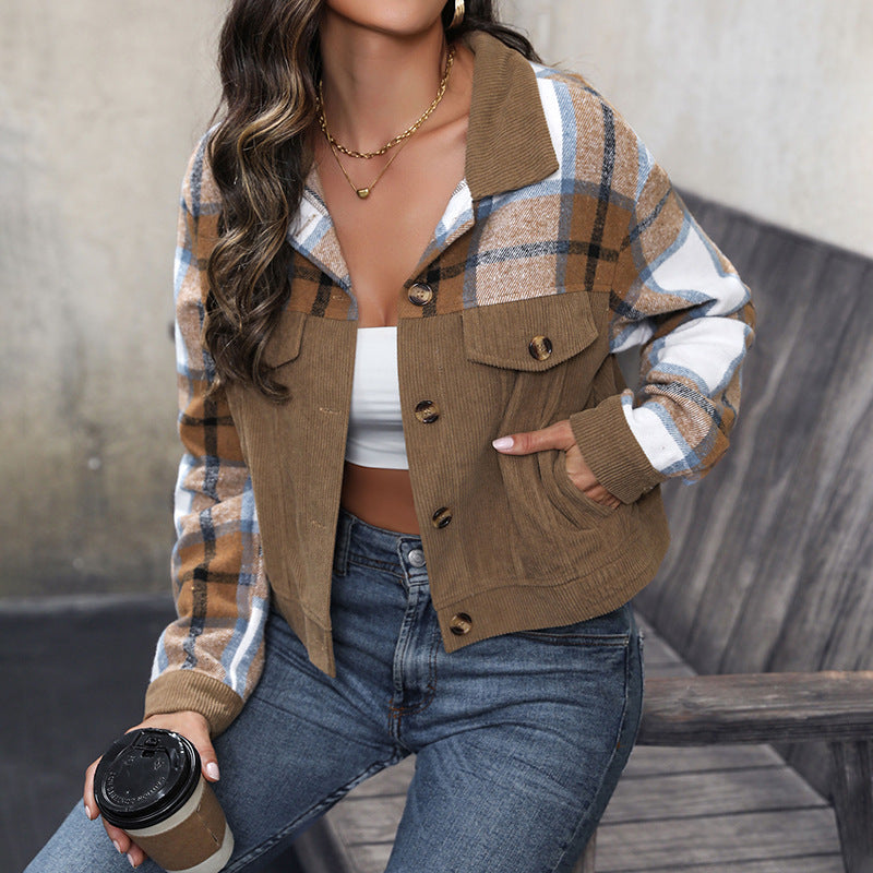 Women's cropped jacket with checked sleeves and pockets