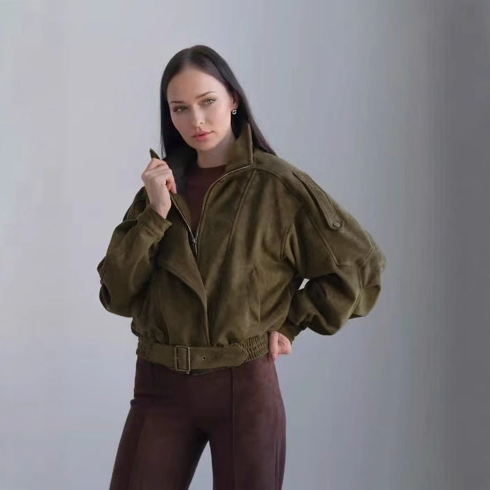 Women's cropped jacket with an asymmetrical zipper and a fitted cut