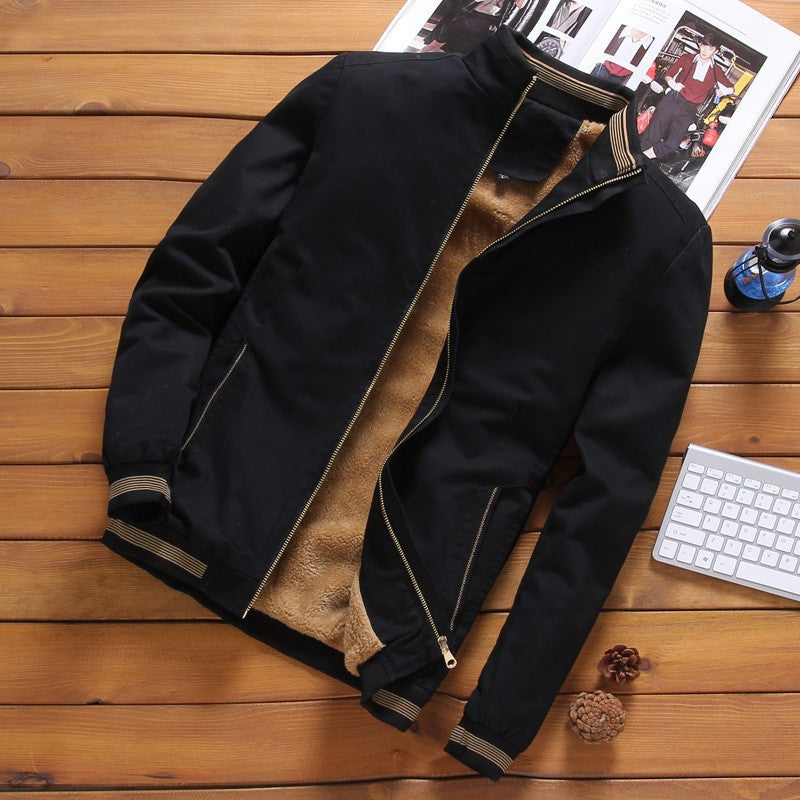 Men’s lightweight bomber-style jacket with a stand-up collar and striped ribbed cuffs