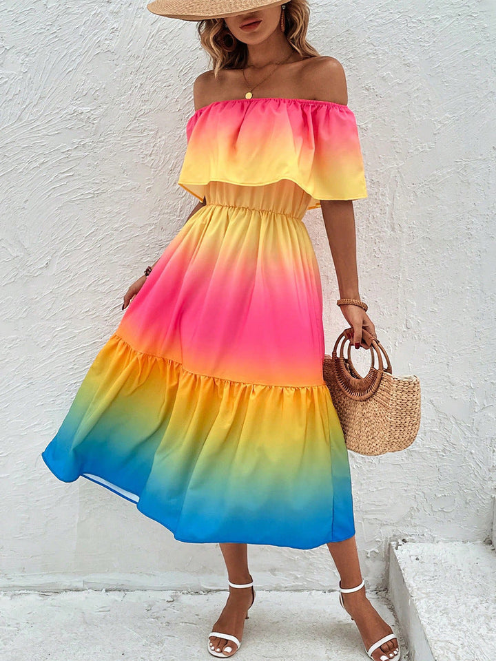 Damen Off-Shoulder Midi Kleid mit Rüsche