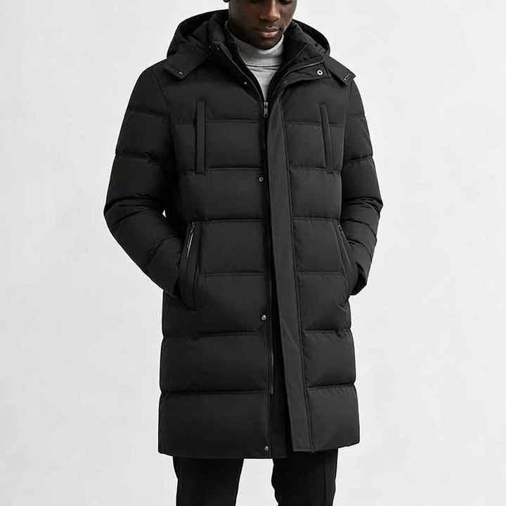 Men's longline puffer jacket with hood and pockets