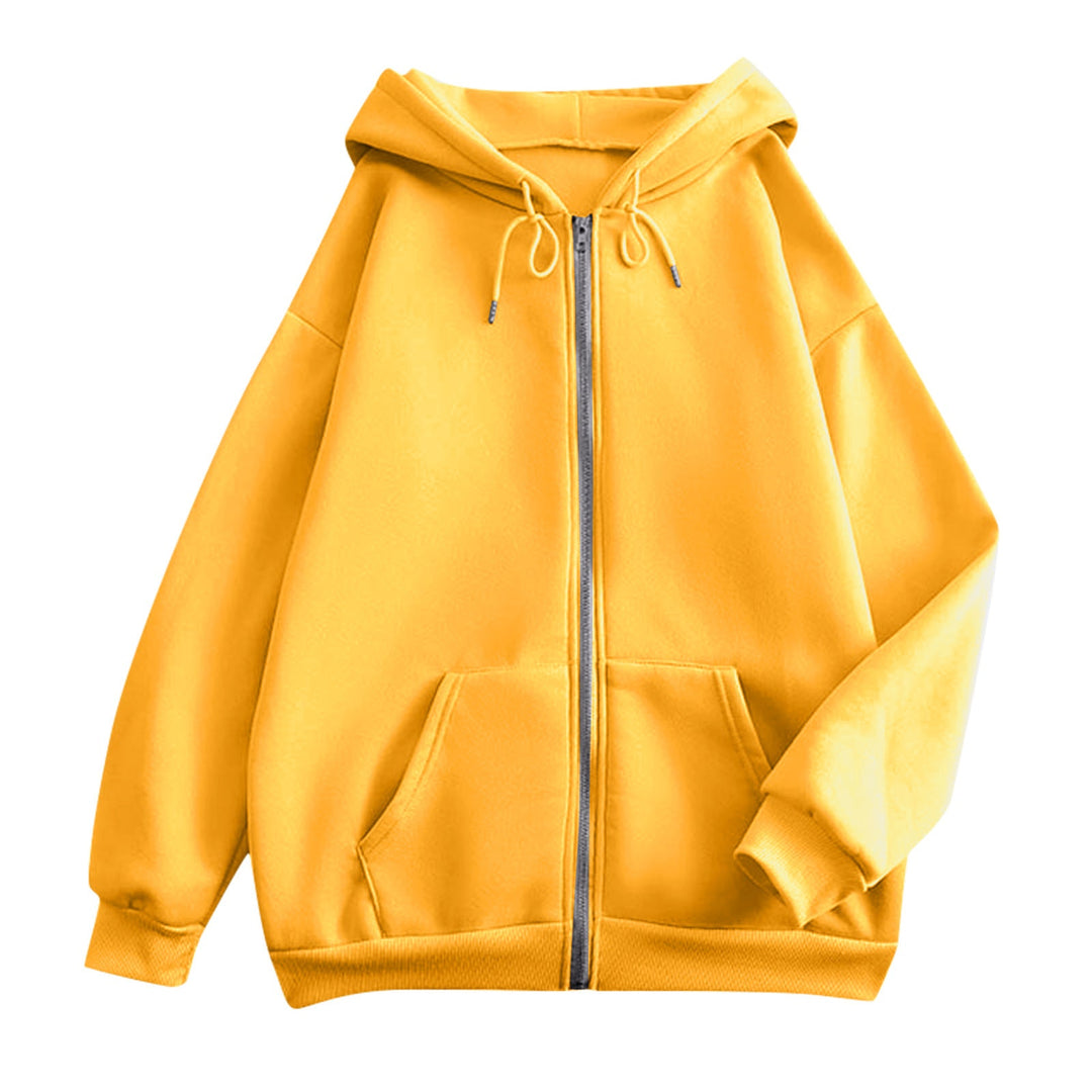 Women's oversized hooded jacket with zipper, kangaroo pockets, and ribbed cuffs