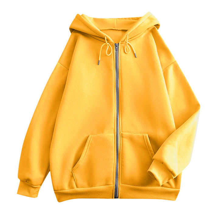 Women's oversized hooded jacket with zipper, kangaroo pockets, and ribbed cuffs