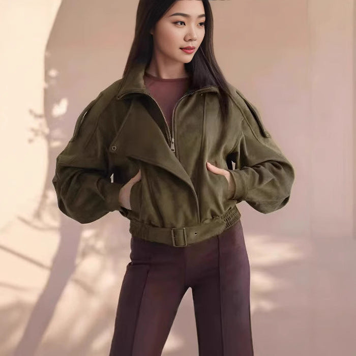 Women's cropped jacket with an asymmetrical zipper and a fitted cut