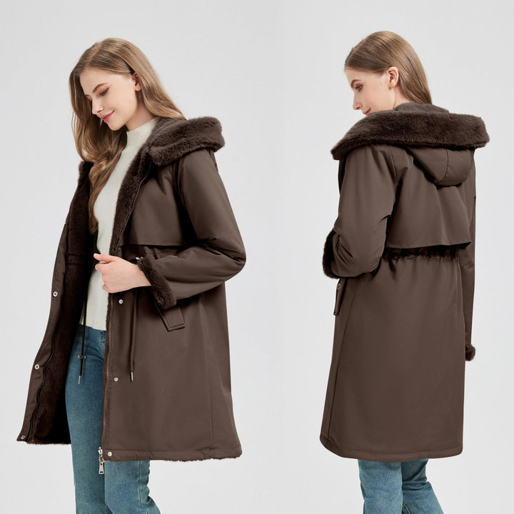 Women's long parka with detachable hood and adjustable waist drawstring