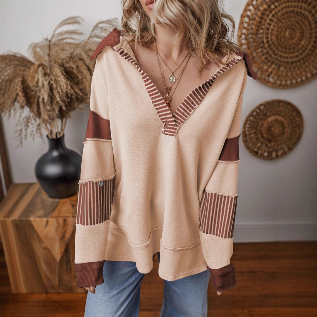Women's Oversized V-Neck Striped Sweatshirt