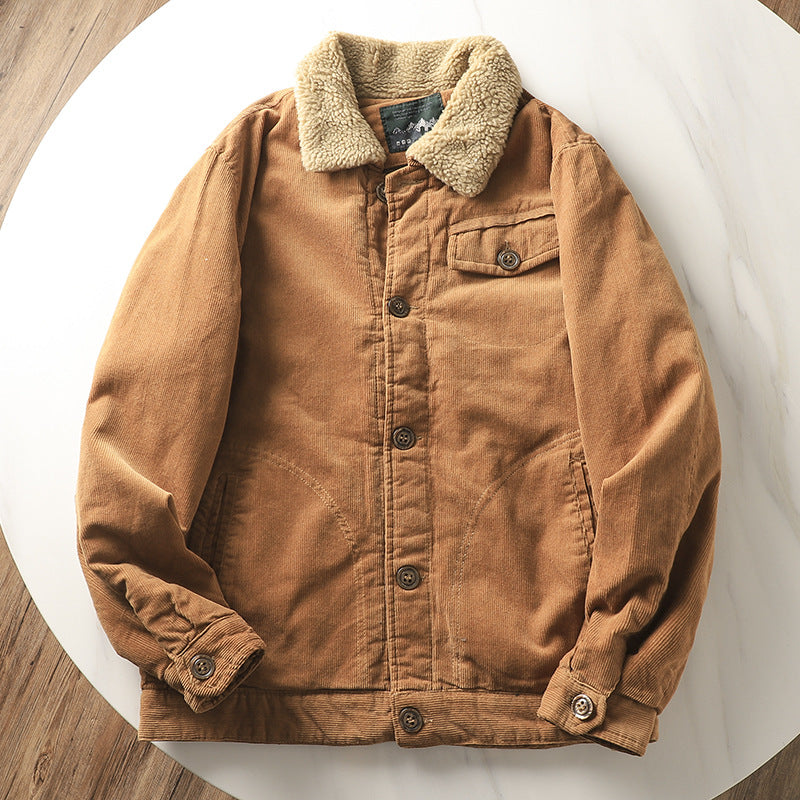 Men’s lined corduroy jacket with a teddy collar and button placket