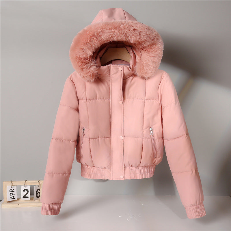 Women’s short insulated hooded blouson jacket with a fur-trimmed collar and elastic ribbed hem
