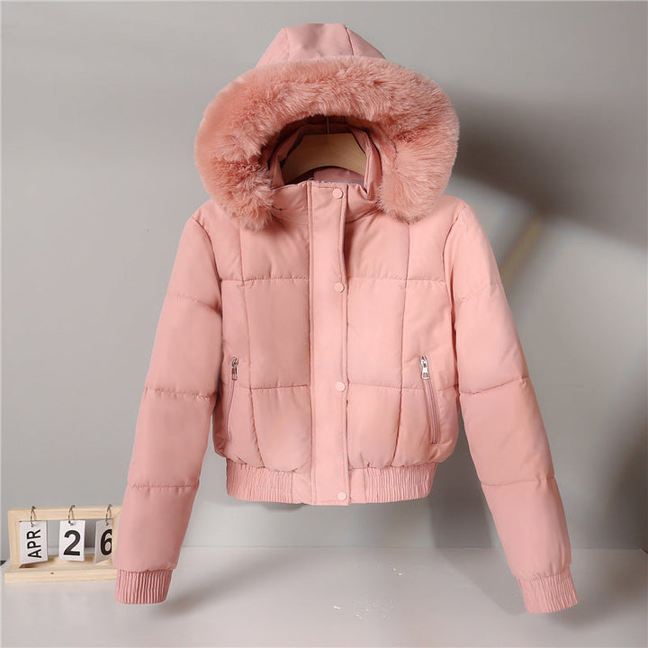 Women’s short insulated hooded blouson jacket with a fur-trimmed collar and elastic ribbed hem