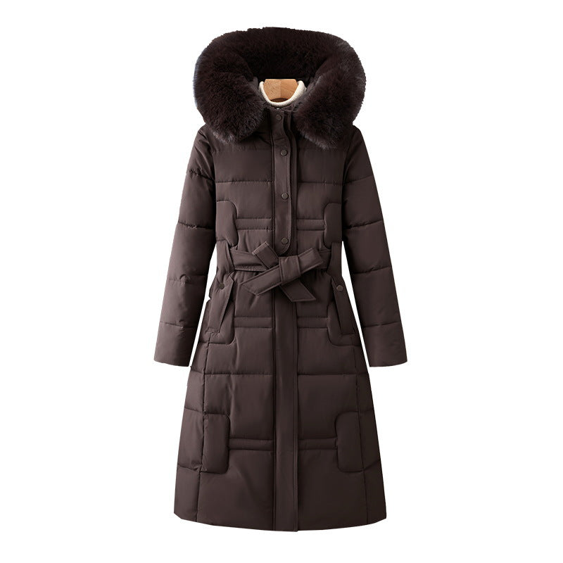 Women’s long quilted winter coat with detachable faux-fur collar and waist belt