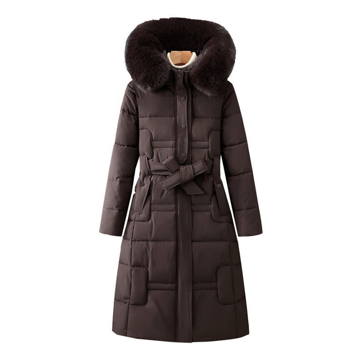Women’s long quilted winter coat with detachable faux-fur collar and waist belt